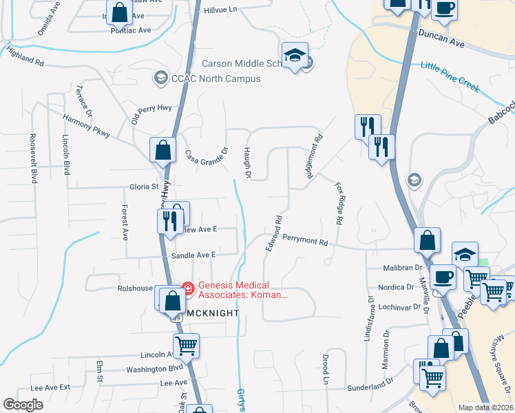 map of restaurants, bars, coffee shops, grocery stores, and more near 8424 Harmony Road in Pittsburgh