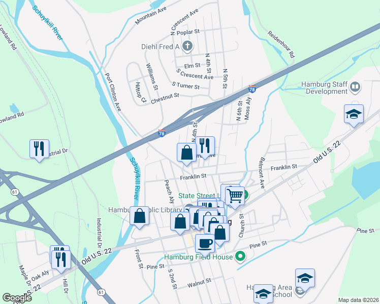 map of restaurants, bars, coffee shops, grocery stores, and more near 250 North 4th Street in Hamburg