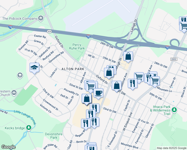 map of restaurants, bars, coffee shops, grocery stores, and more near 3030 Arcadia Avenue in Allentown
