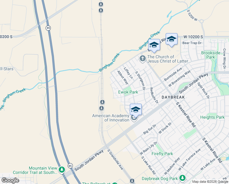 map of restaurants, bars, coffee shops, grocery stores, and more near 10521 Liv Way in South Jordan