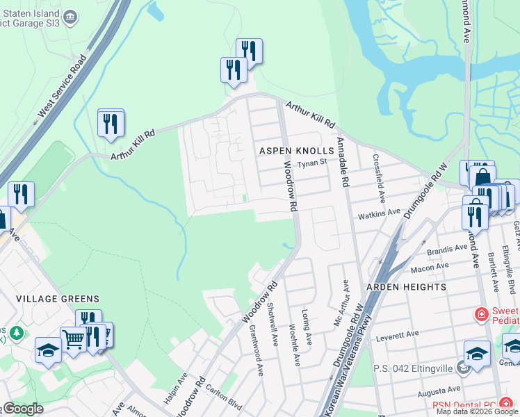 map of restaurants, bars, coffee shops, grocery stores, and more near 65 Oak Lane in Staten Island