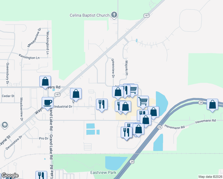 map of restaurants, bars, coffee shops, grocery stores, and more near 2077-2099 Irmscher Boulevard in Celina