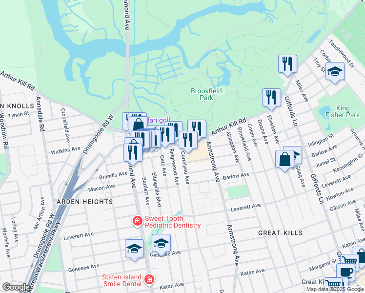 map of restaurants, bars, coffee shops, grocery stores, and more near 721 Arthur Kill Road in Staten Island