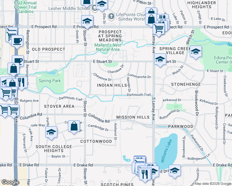 map of restaurants, bars, coffee shops, grocery stores, and more near 1920 Mohawk St in Fort Collins