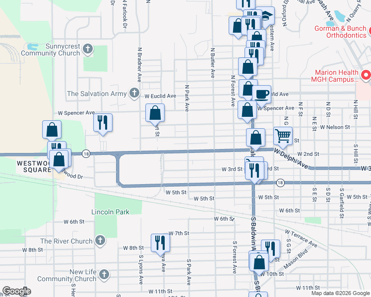 map of restaurants, bars, coffee shops, grocery stores, and more near 1702 West 2nd Street in Marion