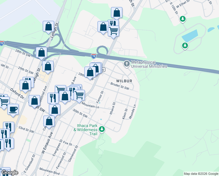 map of restaurants, bars, coffee shops, grocery stores, and more near 2513 28th Street Southwest in Allentown