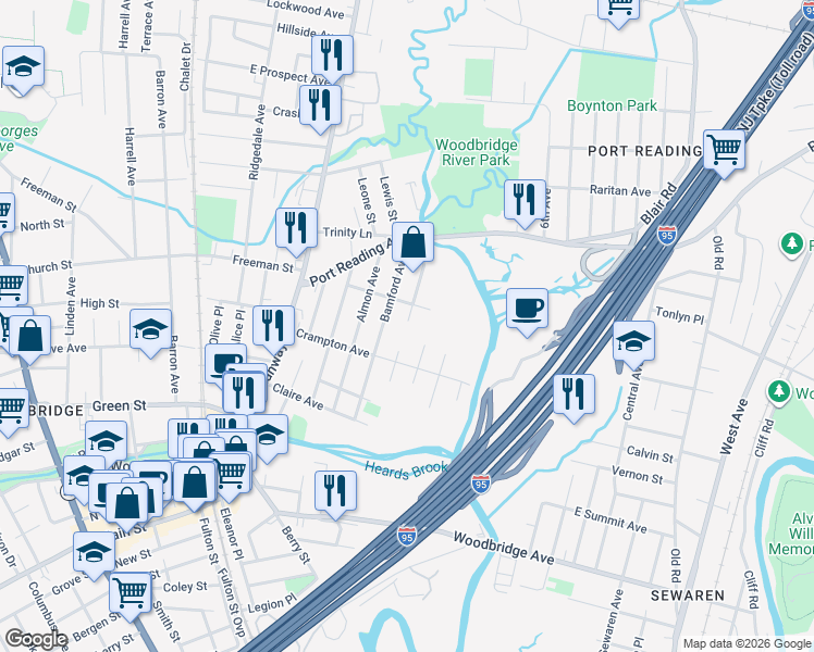 map of restaurants, bars, coffee shops, grocery stores, and more near 576 Watson Ave in Woodbridge Township