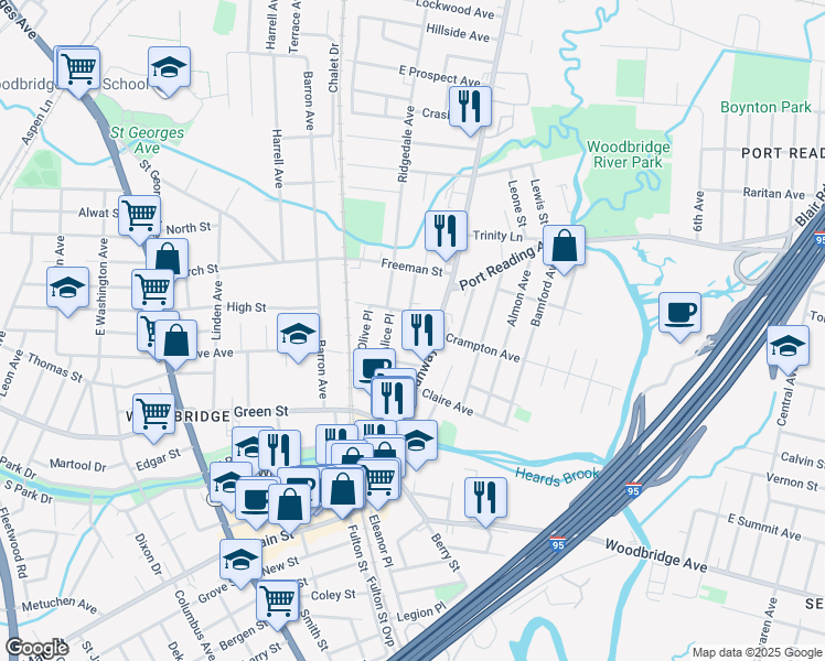 map of restaurants, bars, coffee shops, grocery stores, and more near 19 Martin Terrace in Woodbridge Township