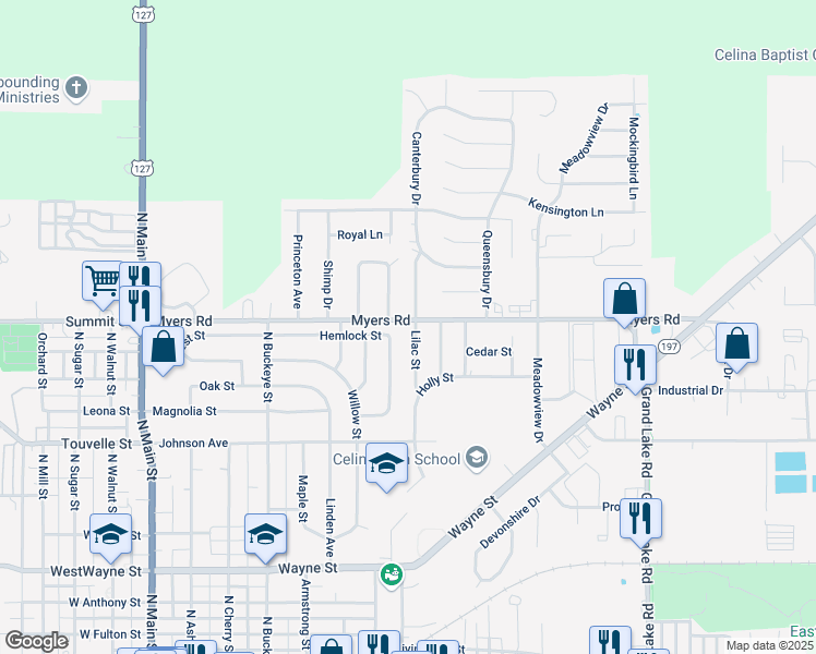 map of restaurants, bars, coffee shops, grocery stores, and more near 844 Hemlock Street in Celina