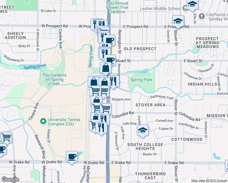 map of restaurants, bars, coffee shops, grocery stores, and more near 2108 South College Avenue in Fort Collins
