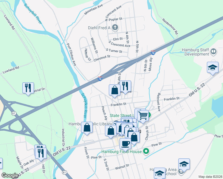 map of restaurants, bars, coffee shops, grocery stores, and more near 250 North 4th Street in Hamburg