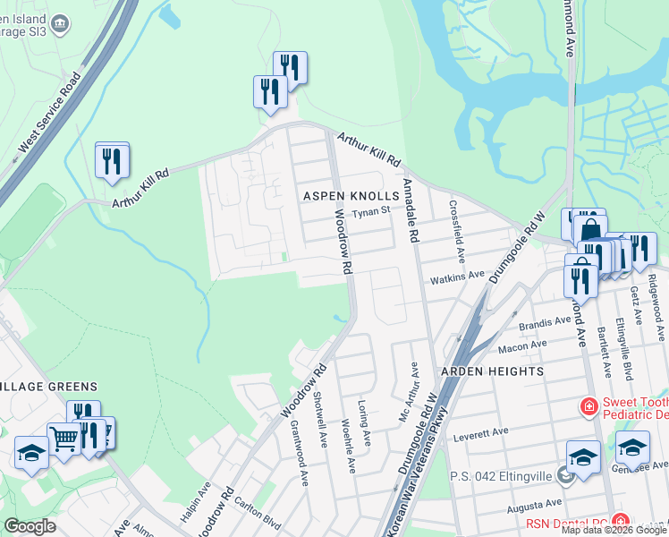 map of restaurants, bars, coffee shops, grocery stores, and more near 17 Oak Lane in Staten Island