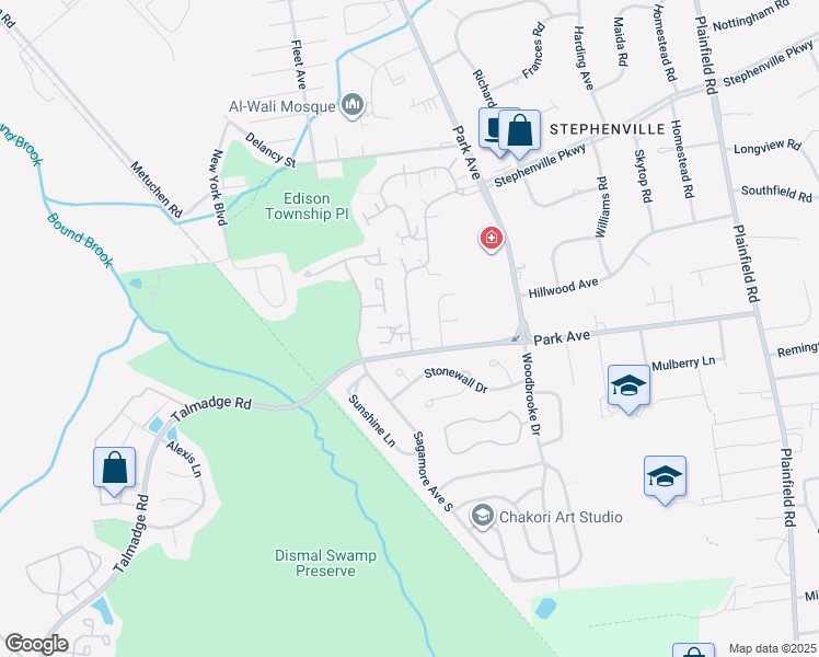 map of restaurants, bars, coffee shops, grocery stores, and more near 124 Park Gate Drive in Edison