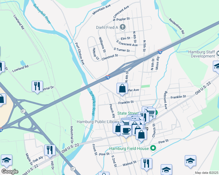 map of restaurants, bars, coffee shops, grocery stores, and more near 267 Port Clinton Avenue in Hamburg