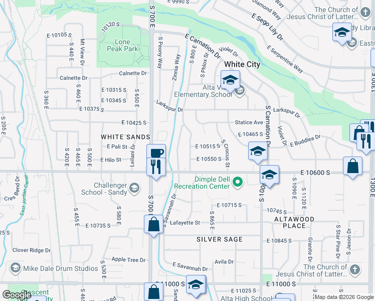 map of restaurants, bars, coffee shops, grocery stores, and more near 10522 Amaryllis Street in Sandy
