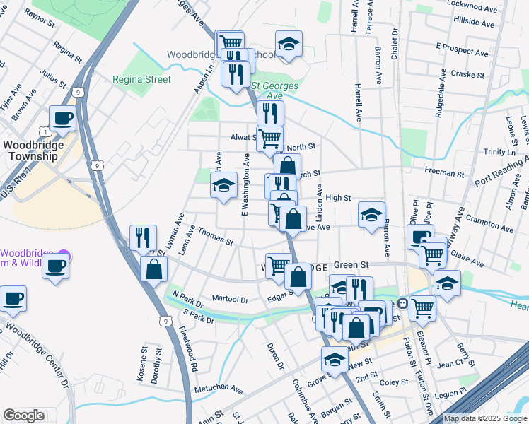 map of restaurants, bars, coffee shops, grocery stores, and more near 214 Campbell Street in Woodbridge Township