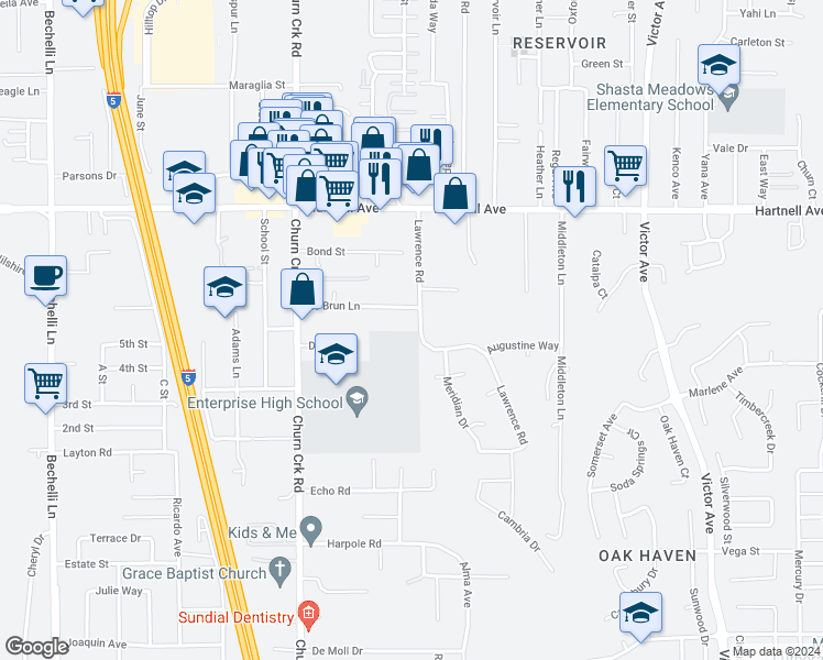 map of restaurants, bars, coffee shops, grocery stores, and more near 3242 Lawrence Road in Redding