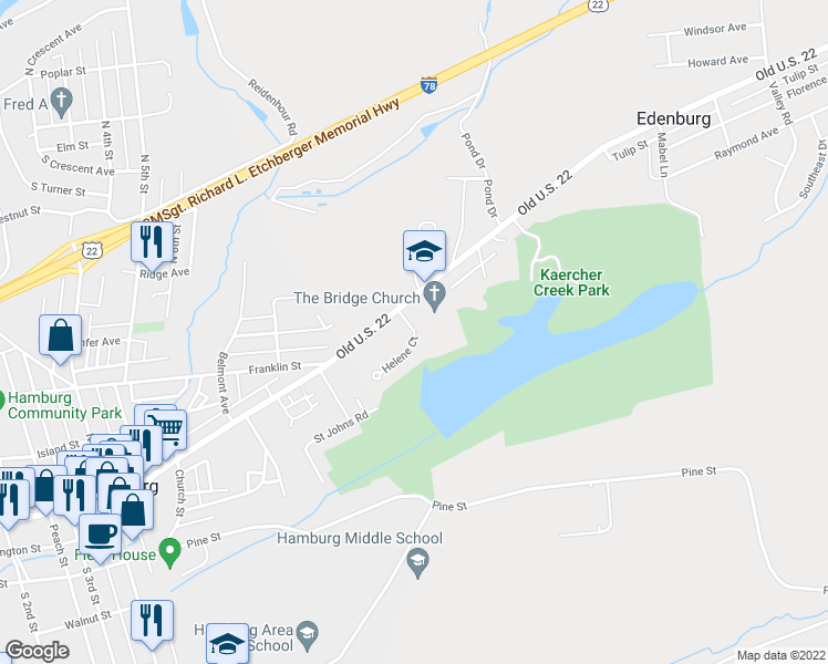 map of restaurants, bars, coffee shops, grocery stores, and more near 22 Helene Court in Hamburg