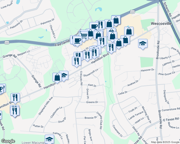 map of restaurants, bars, coffee shops, grocery stores, and more near 5603 Stonecroft Lane in Allentown