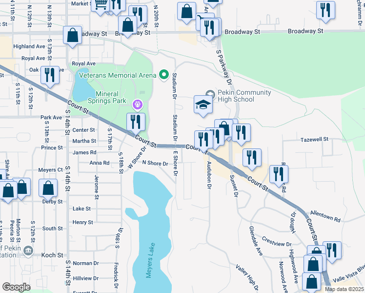 map of restaurants, bars, coffee shops, grocery stores, and more near 1903 Court Street in Pekin