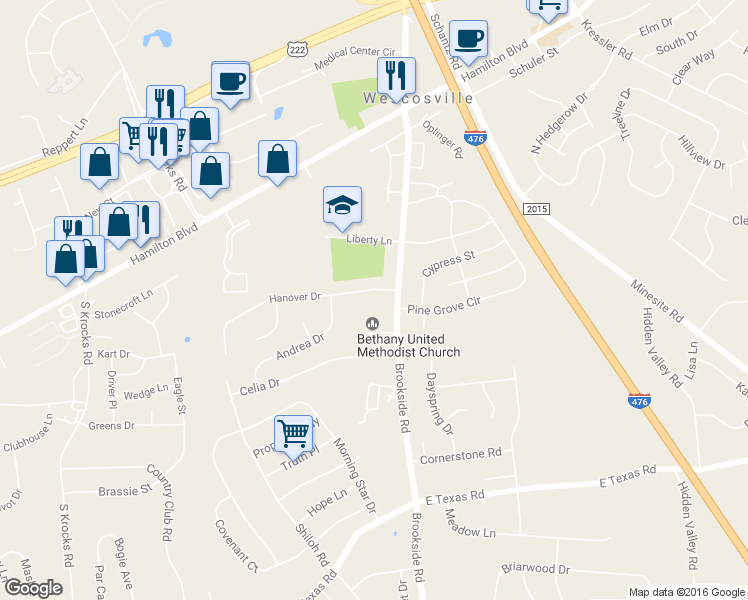 map of restaurants, bars, coffee shops, grocery stores, and more near 5120 Hanover Drive in Allentown