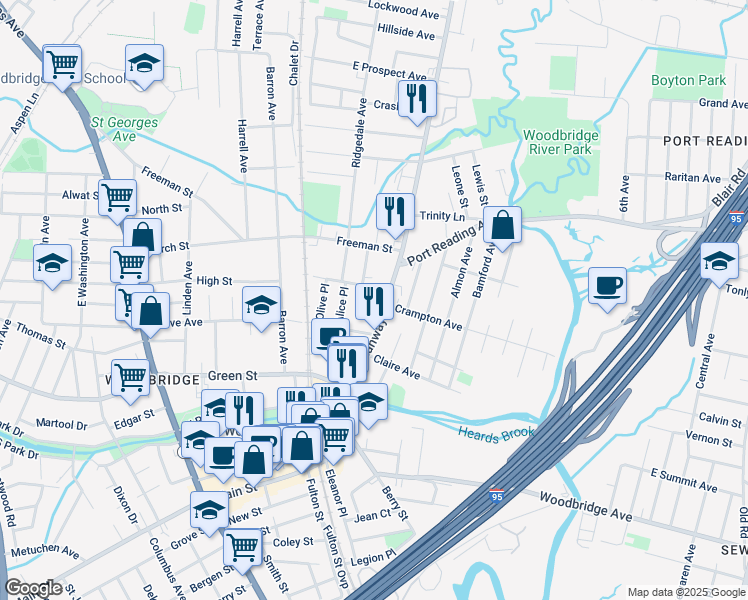 map of restaurants, bars, coffee shops, grocery stores, and more near 19 Martin Terrace in Woodbridge Township