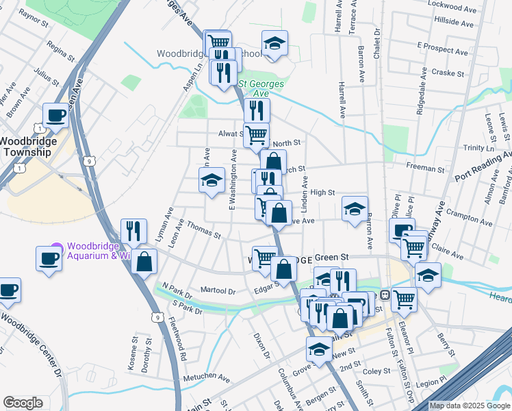 map of restaurants, bars, coffee shops, grocery stores, and more near 208 Campbell Street in Woodbridge Township