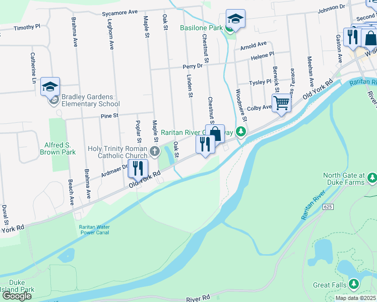 map of restaurants, bars, coffee shops, grocery stores, and more near 22 Old York Road in Bridgewater Township