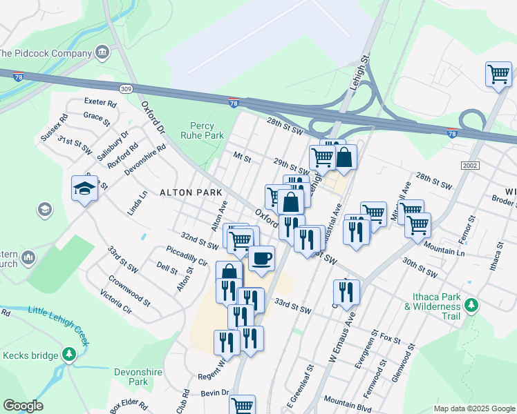 map of restaurants, bars, coffee shops, grocery stores, and more near 3030 Arcadia Avenue in Allentown