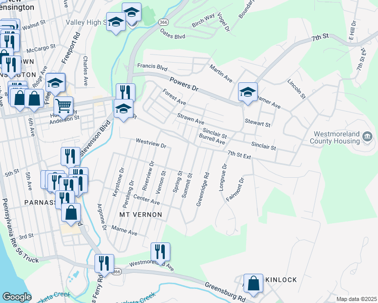 map of restaurants, bars, coffee shops, grocery stores, and more near 535 Spring Street in New Kensington