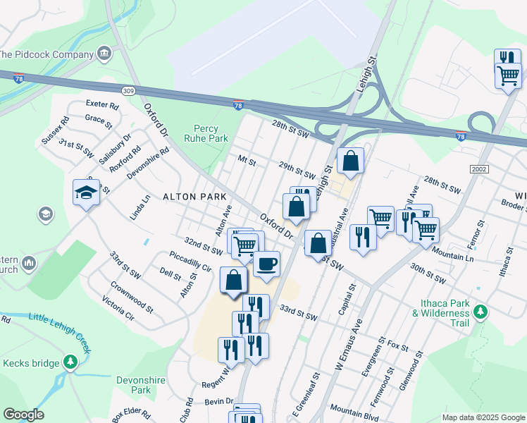 map of restaurants, bars, coffee shops, grocery stores, and more near 3030 Arcadia Avenue in Allentown