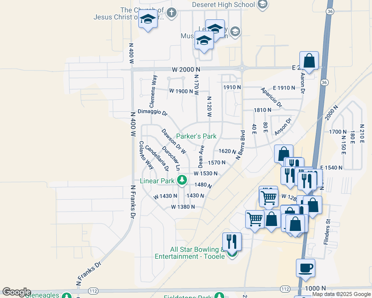 map of restaurants, bars, coffee shops, grocery stores, and more near 1624 Dawson Drive West in Tooele