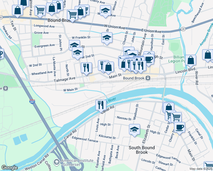 map of restaurants, bars, coffee shops, grocery stores, and more near 100 West Main Street in Bound Brook