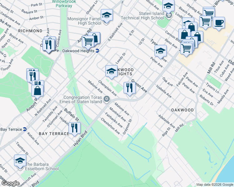 map of restaurants, bars, coffee shops, grocery stores, and more near 153 Champlain Avenue in Staten Island