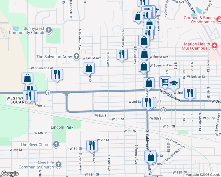 map of restaurants, bars, coffee shops, grocery stores, and more near 1702 West 2nd Street in Marion