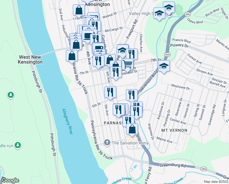 map of restaurants, bars, coffee shops, grocery stores, and more near 518 Constitution Boulevard in New Kensington