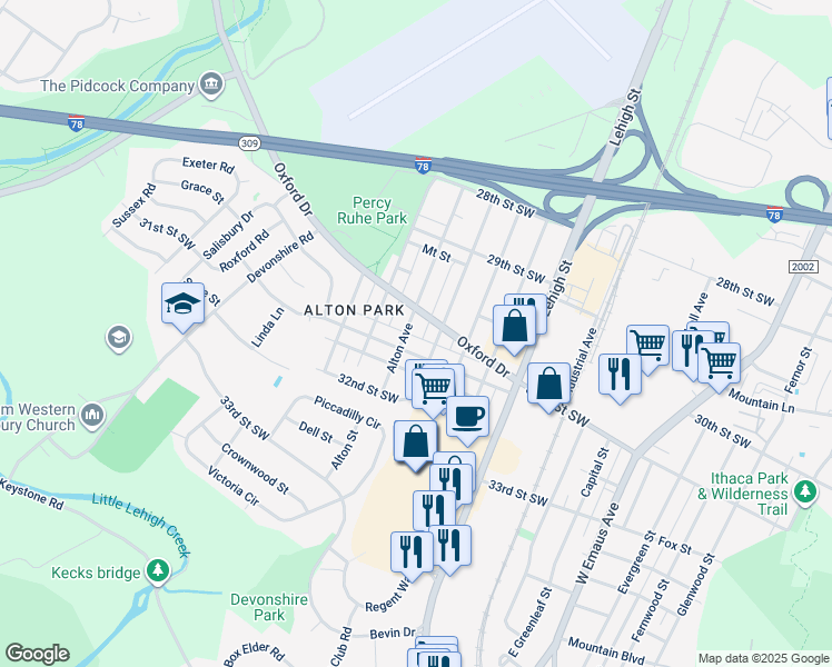 map of restaurants, bars, coffee shops, grocery stores, and more near 3038-3042 Alton Avenue in Allentown