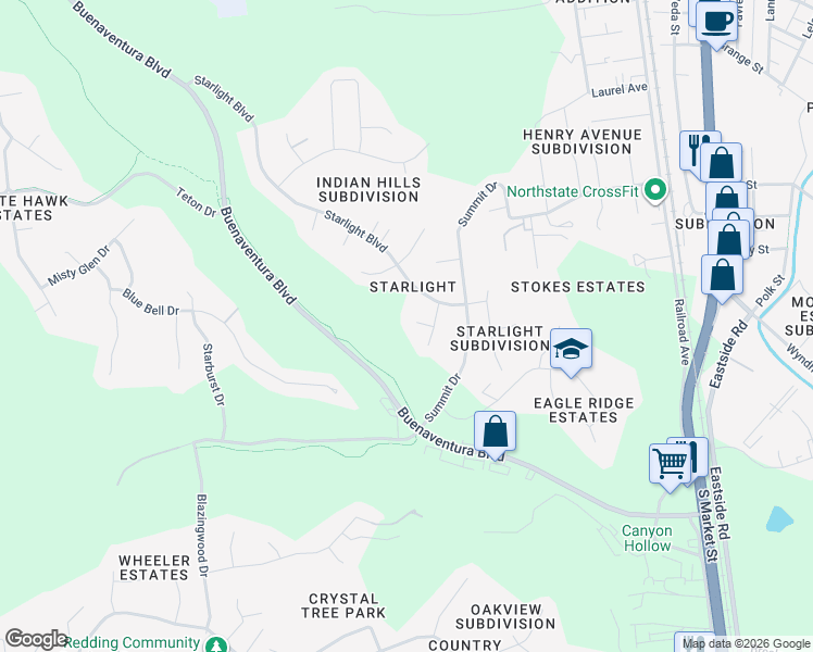 map of restaurants, bars, coffee shops, grocery stores, and more near 3750 Brian Court in Redding