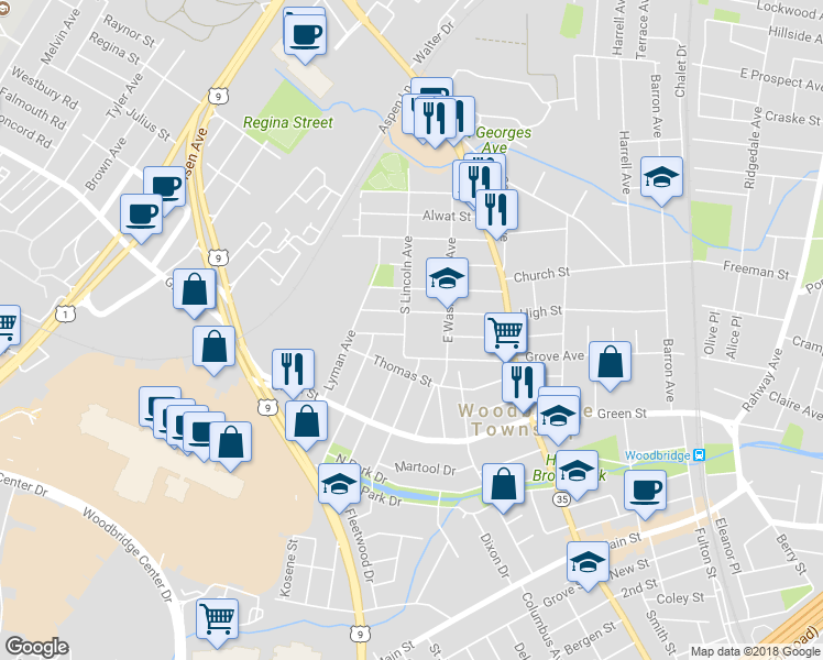 map of restaurants, bars, coffee shops, grocery stores, and more near 2 South Lincoln Avenue in Woodbridge Township