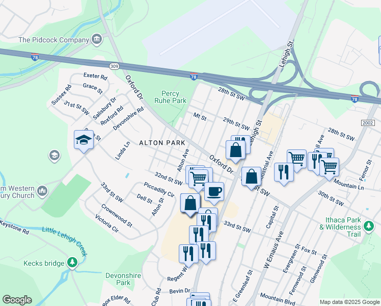 map of restaurants, bars, coffee shops, grocery stores, and more near 3038-3042 Alton Avenue in Allentown