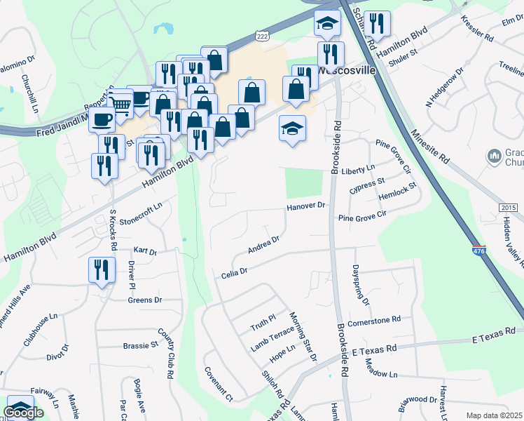 map of restaurants, bars, coffee shops, grocery stores, and more near 5260 Hanover Drive in Wescosville