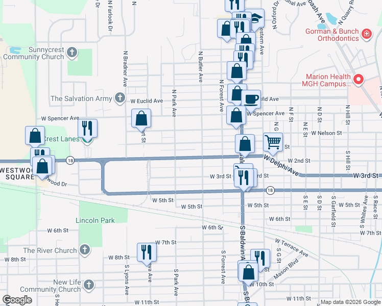 map of restaurants, bars, coffee shops, grocery stores, and more near 1620 West 2nd Street in Marion