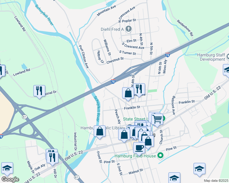 map of restaurants, bars, coffee shops, grocery stores, and more near 267 Port Clinton Avenue in Hamburg