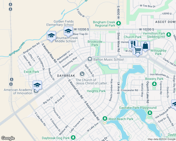 map of restaurants, bars, coffee shops, grocery stores, and more near 10512 South Split Rock Drive in South Jordan