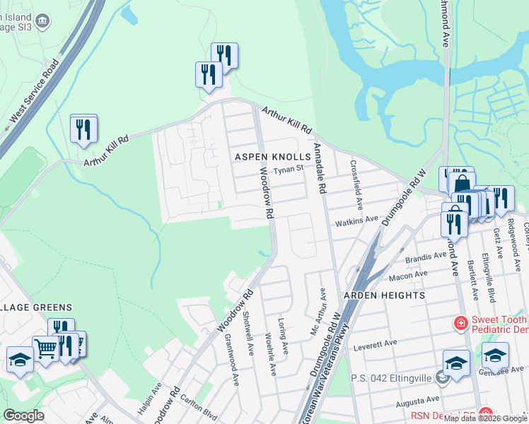 map of restaurants, bars, coffee shops, grocery stores, and more near 17 Oak Lane in Staten Island