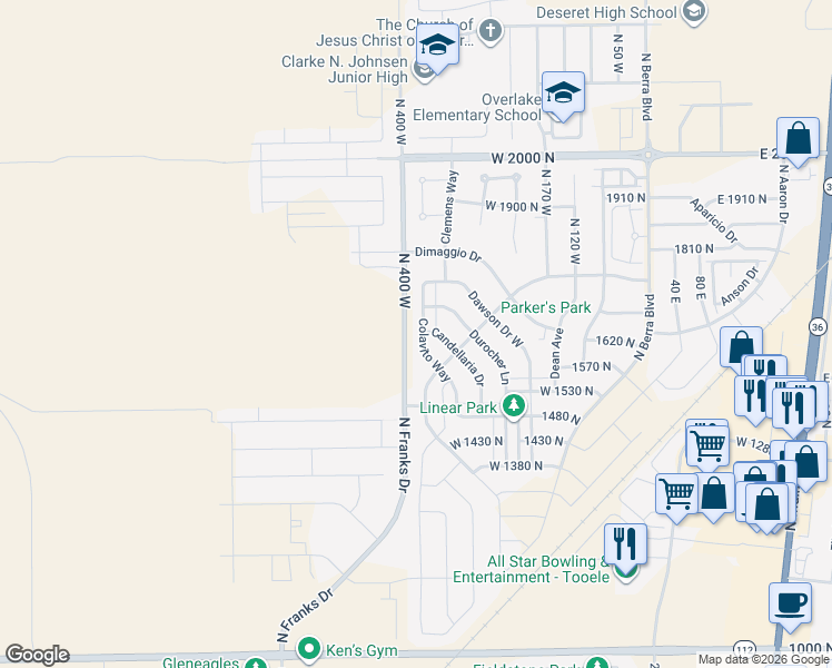 map of restaurants, bars, coffee shops, grocery stores, and more near 1629 Colavito Way in Tooele