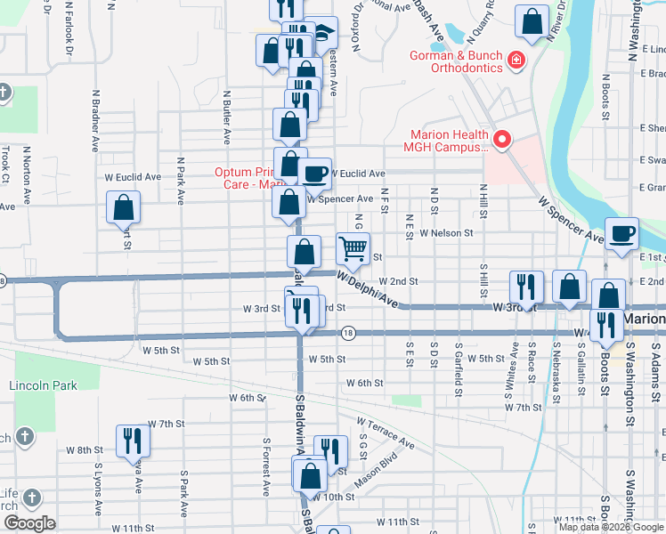 map of restaurants, bars, coffee shops, grocery stores, and more near 1302 West 2nd Street in Marion