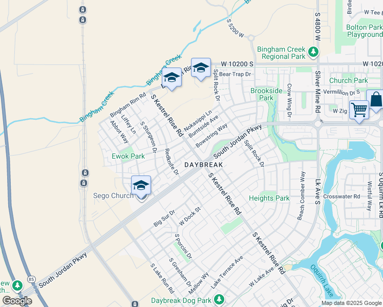 map of restaurants, bars, coffee shops, grocery stores, and more near 5239 West Bowstring Way in South Jordan