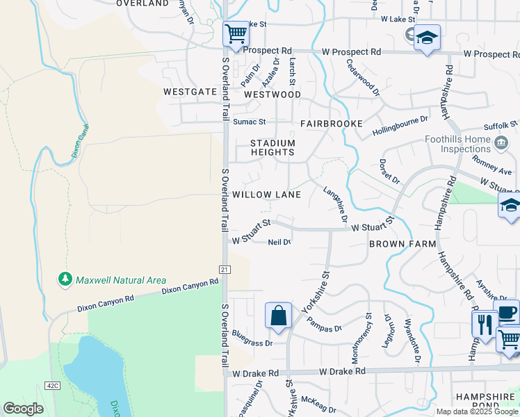 map of restaurants, bars, coffee shops, grocery stores, and more near 3005 Ross Drive in Fort Collins