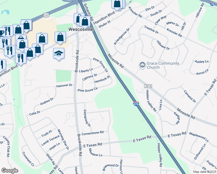 map of restaurants, bars, coffee shops, grocery stores, and more near 4858 Pine Grove Circle in Allentown